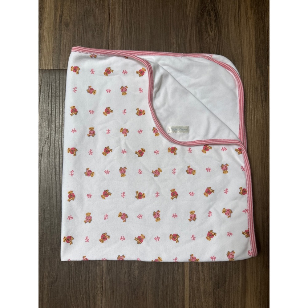 Ralph Lauren Receiving Blanket Kids White Pink Polo Bear Monogram Striped Trim